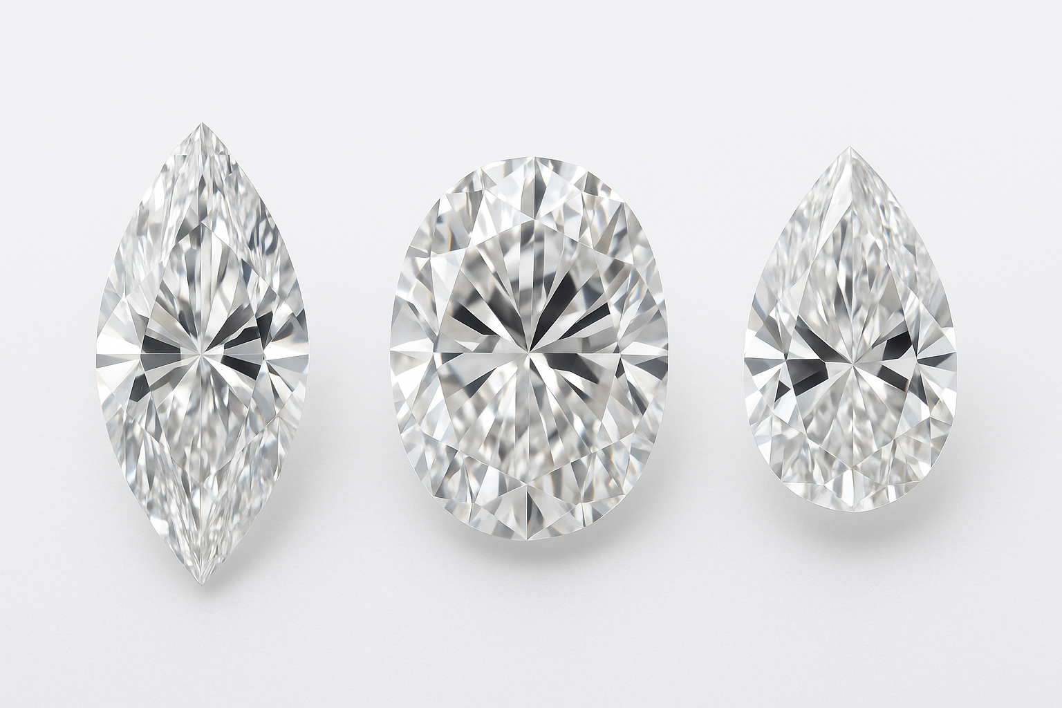 Marquise, ovalo ir lašo formos deimantai vienodo svorio, palyginimas ant balto fono.