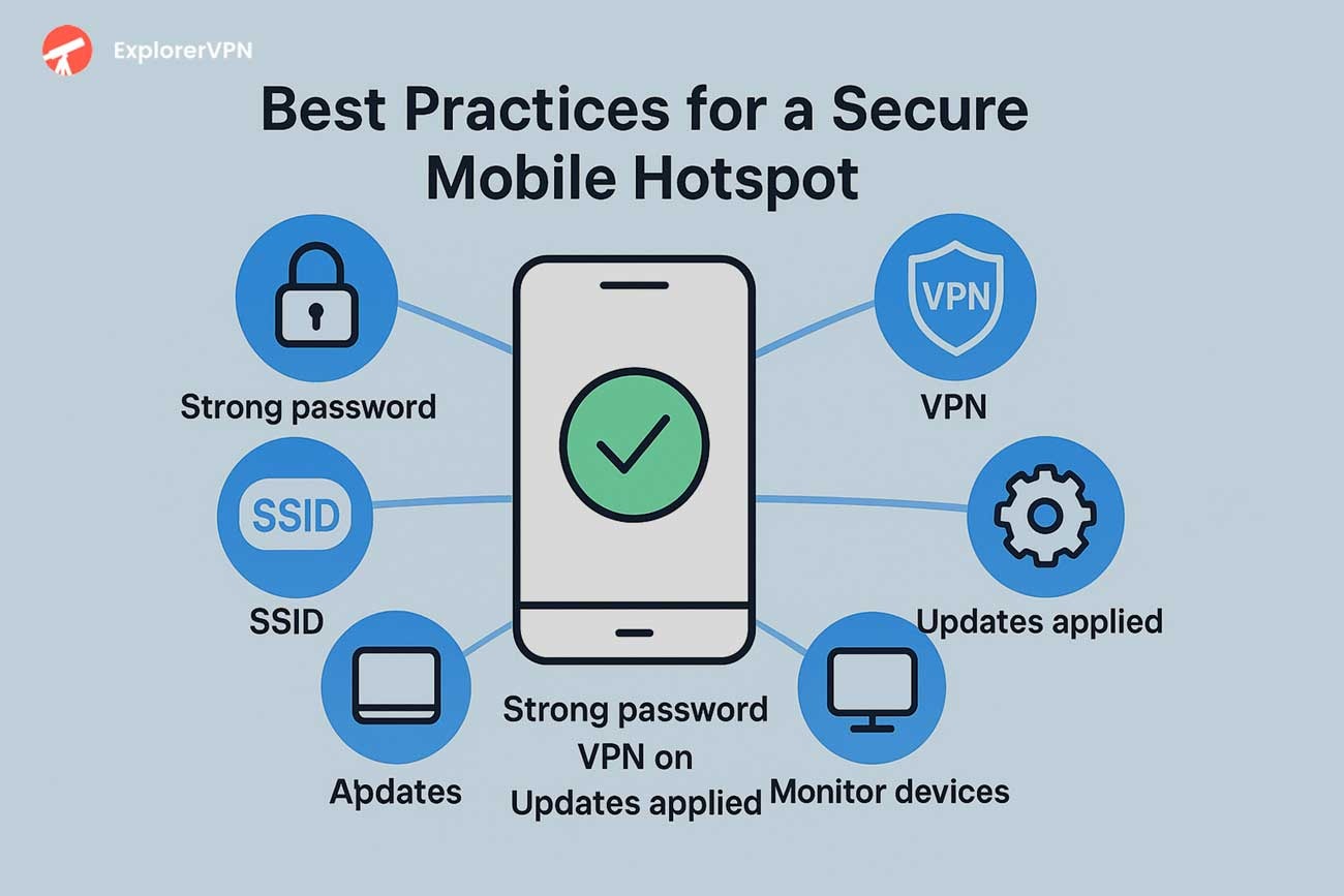 best practices for secure mobile hot spot - strong password, ssid, vpn, updated applied