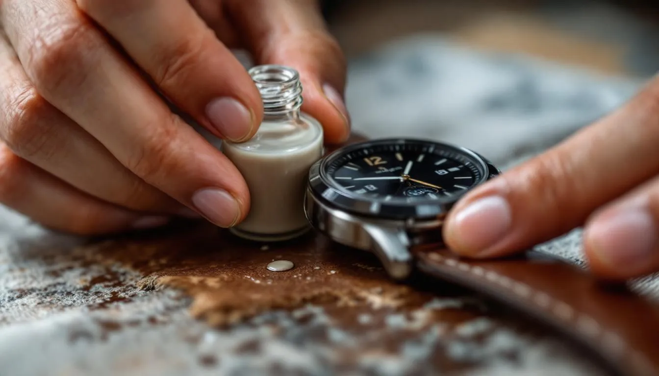 A pair of hands is applying leather conditioner to a luxury watch strap using professional tools and products, ensuring the leather strap remains in excellent condition. The focus is on maintaining the durability and style of the leather watch strap, appealing to watch lovers who appreciate high-quality timepieces.