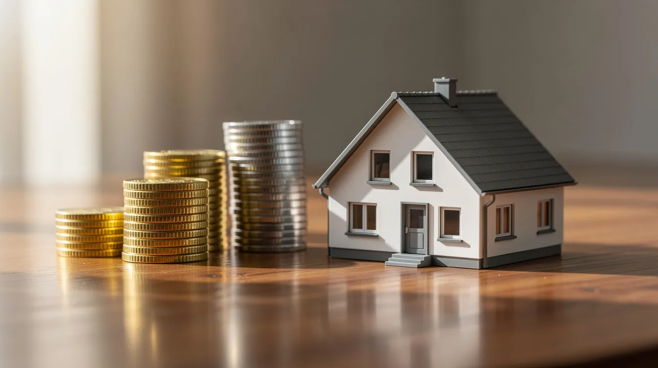 Das Bild zeigt ein kleines Modellhaus, das auf einem Holztisch steht, neben einem Stapel von Münzen. Diese Darstellung könnte symbolisch für Themen wie Baufinanzierung und Immobilienkredite stehen, wobei die Münzen auf die finanzielle Planung und Rückzahlung, wie Zinsen und Tilgung, hinweisen.