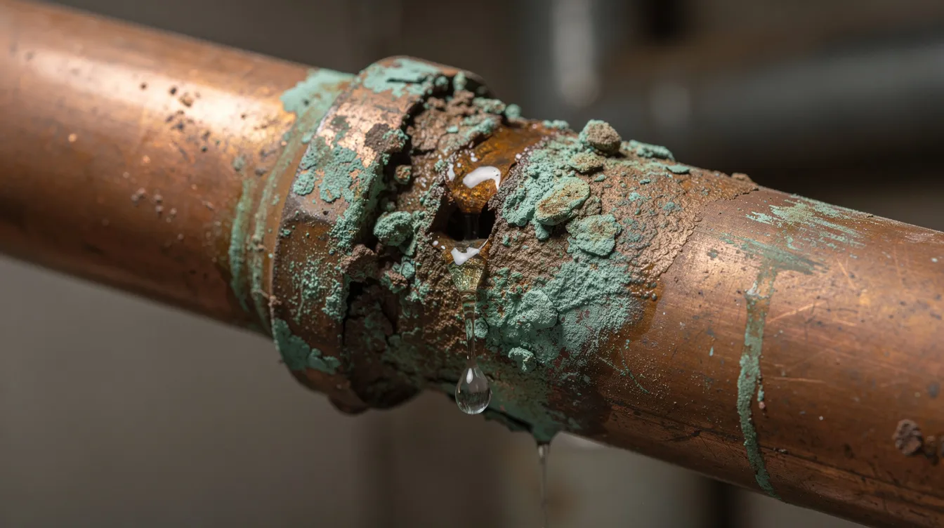 The image shows a close-up of a corroded copper water pipe, characterized by a green patina and a small pinhole leak that is dripping water. This highlights the importance of leak detection services to prevent increased water bills and potential plumbing issues.