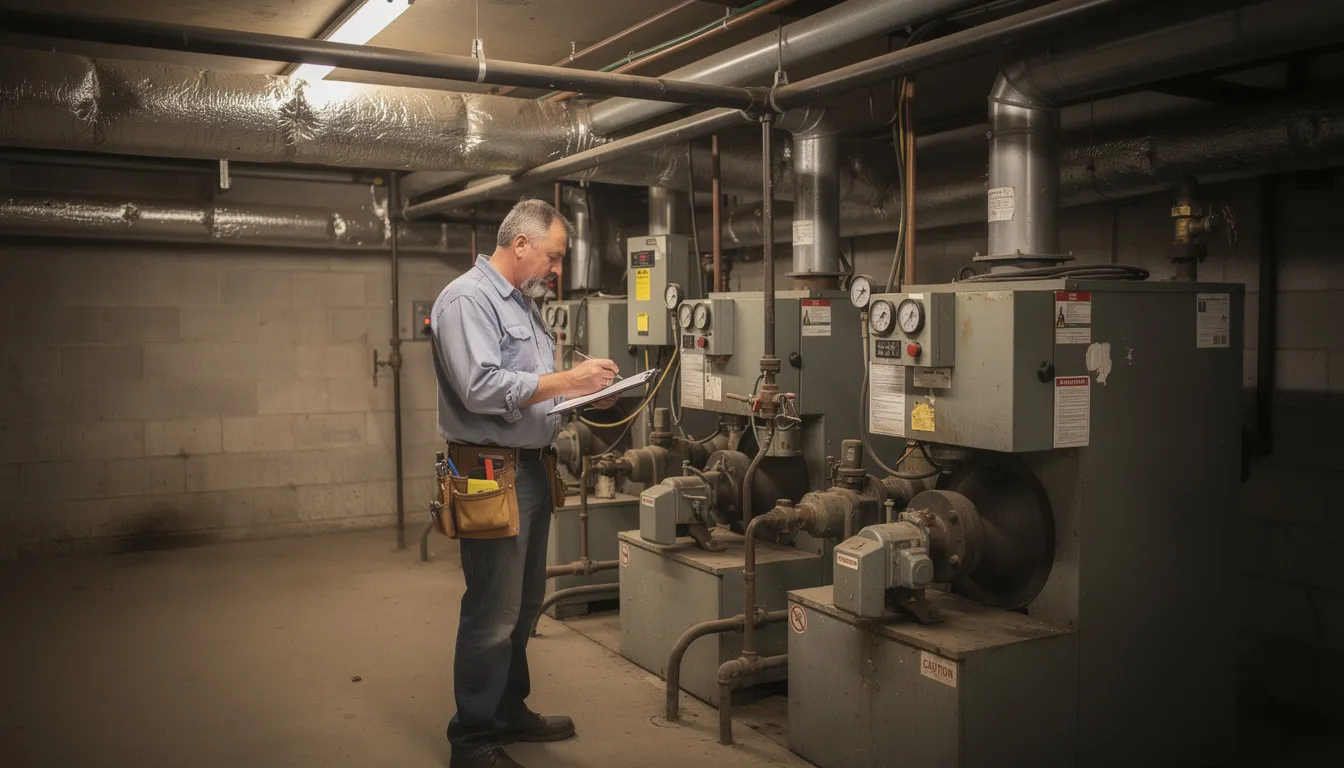 The image shows a building superintendent in work clothes inspecting a boiler system within a basement mechanical room, highlighting the vital role of property management in ensuring the smooth operation of building systems. This scene reflects the property manager's responsibilities in maintaining the safety and functionality of a condo or co-op building.