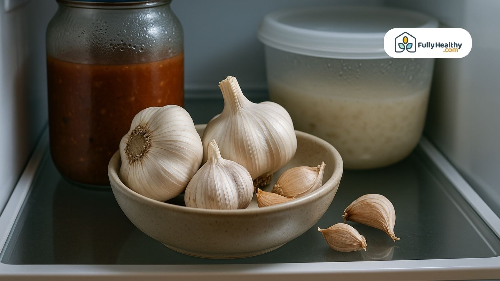 Whole garlic bulbs and loose cloves stored in a bowl inside a refrigerator.
