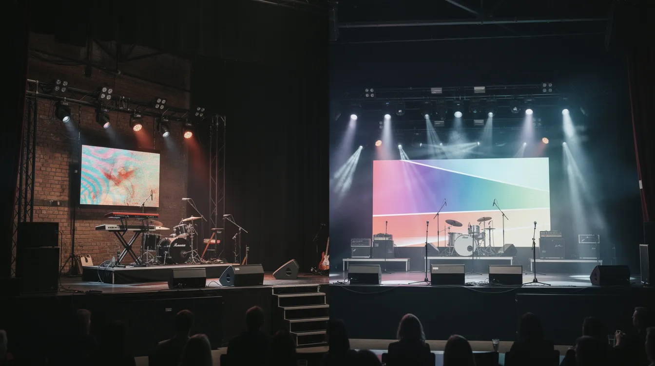 The image shows two concert stages side by side: one featuring an intimate club setup with close-up lighting and sound equipment, and the other showcasing a larger theatre setup with expansive LED walls and stage lighting. Both venues are designed for live music events, highlighting the importance of efficient setup and advanced audio-visual technology in event production.