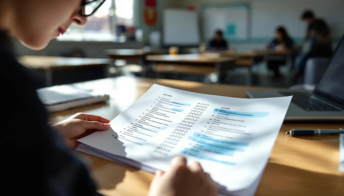 Das Bild zeigt ein korrigiertes Testexemplar, auf dem die Lösungen für ein Kreuzworträtsel vermerkt sind. Es vermittelt einen Einblick in den Leistungsstand der Schüler und Schülerinnen im Rahmen des Bildungssystems, wobei die Qualität der Antworten und das Niveau der Kompetenzen bewertet werden.