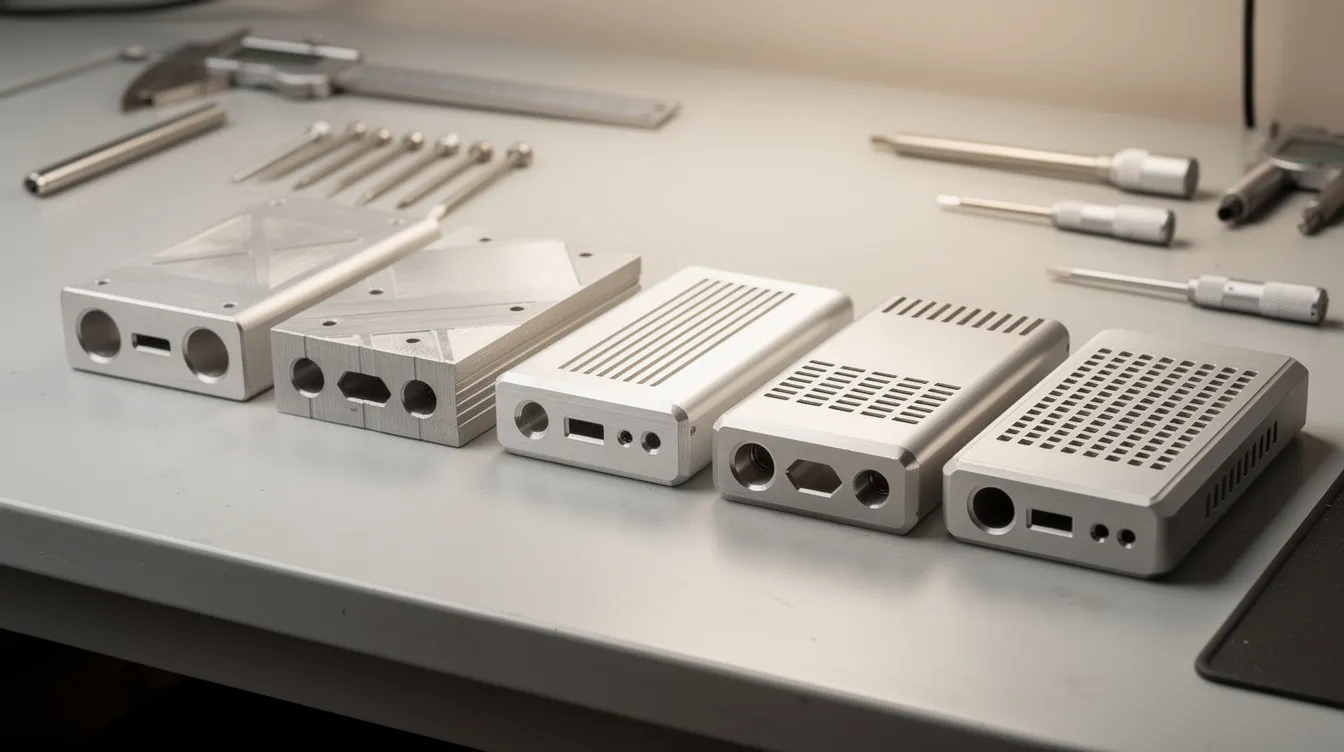 The image showcases multiple iterations of CNC-machined aluminum enclosure prototypes arranged on a workbench, illustrating the rapid prototyping process through progressive design refinements. Each prototype reflects a step in the development process, highlighting how user feedback and engineering insights contribute to creating a market-ready product.