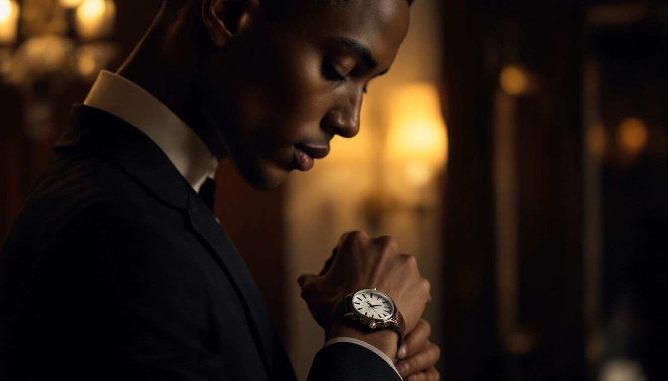 A person examining a leather strap watch for purchase.