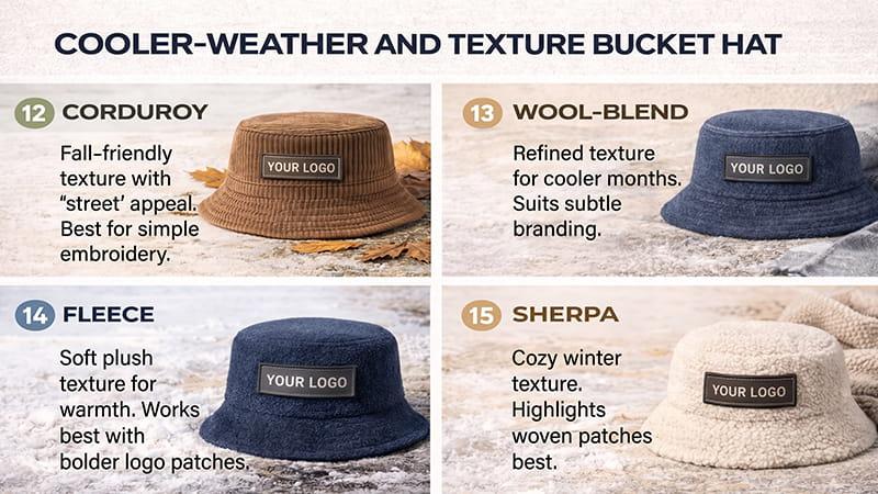 Cooler-weather and texture bucket hat types infographic showing corduroy, wool-blend, fleece, and sherpa bucket hats.