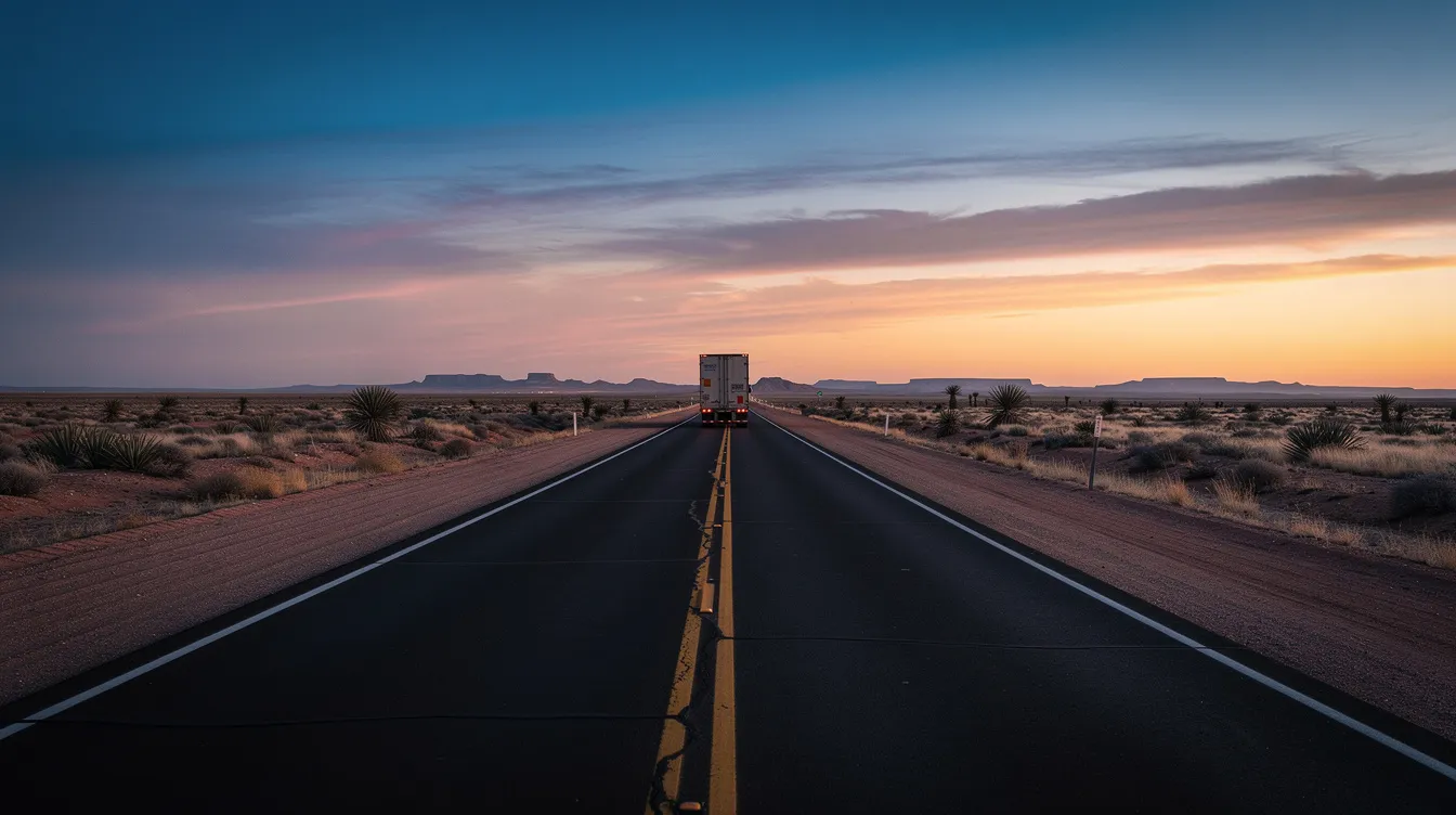 A wide view of a West Texas highway at dusk showcases an 18-wheeler in the distance, surrounded by flat desert terrain, highlighting the potential dangers of truck accidents in the area. This scene serves as a reminder for truck accident victims to seek the expertise of a Midland truck accident lawyer for fair compensation in their claims.