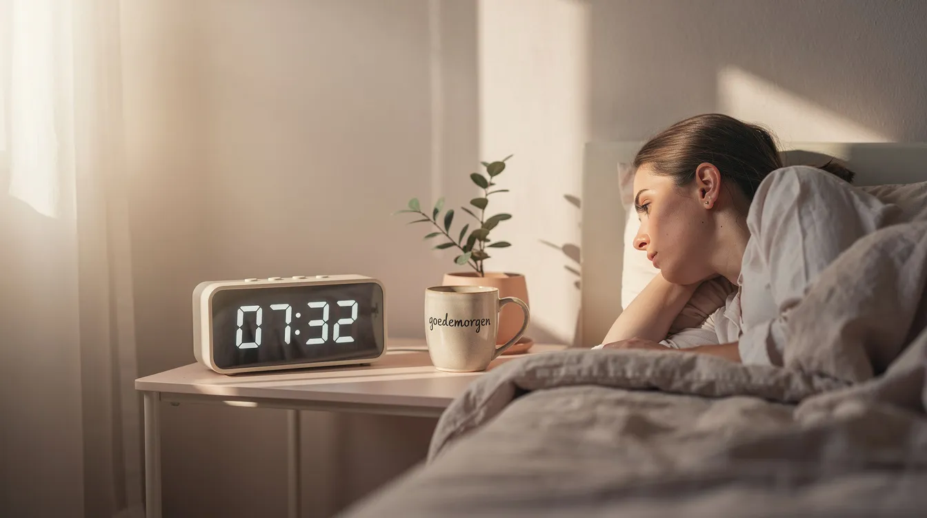 Een persoon zit in een rustige ochtendruimte en kijkt aandachtig naar een digitale klok, omringd door een sfeer van positieve energieën en innerlijke balans. Deze serene omgeving nodigt uit tot spirituele groei en reflectie op de diepere betekenis van het dagelijks leven.
