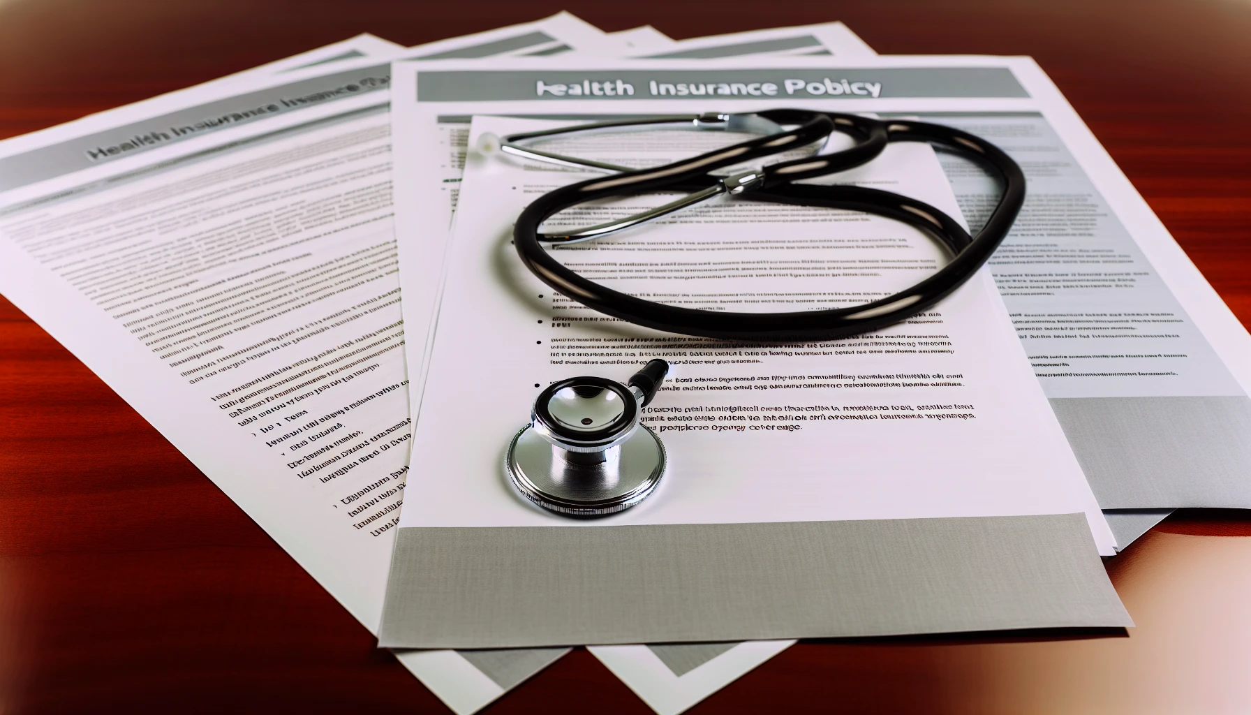 Health insurance policy documents with a stethoscope on a desk