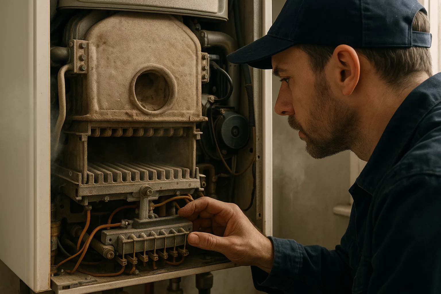 Local Gas Safe engineer inspecting the inside of a domestic boiler during a routine maintenance check in Cheshire.