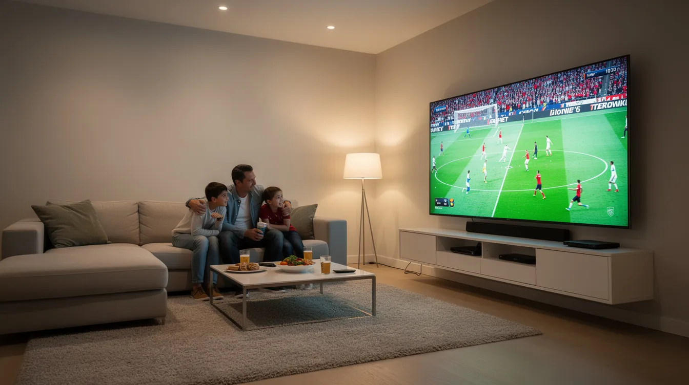 A cozy modern living room features a family gathered around a large flat-screen television, which is displaying a vibrant sports broadcast, highlighting the excitement of live sports. The scene captures the essence of family entertainment, enhanced by IPTV services that provide access to a wide range of live TV channels and on-demand content.