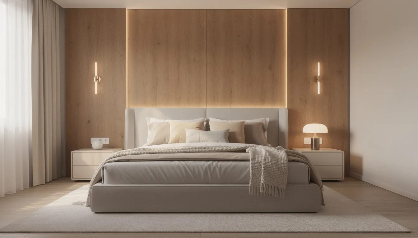 Een luxe slaapkamer met een houten wandpaneel achter een groot bed, dat is aangekleed met zacht beddengoed en sfeervolle verlichting. De wandpanelen zorgen voor een stijlvolle upgrade en dragen bij aan een betere akoestiek in de ruimte.