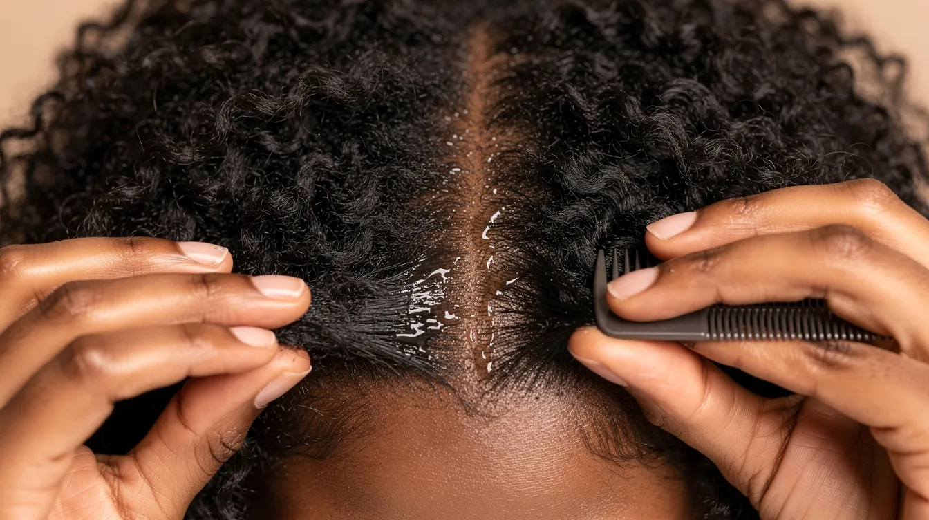 A pair of hands is sectioning damp natural hair while applying hair gel at the roots, showcasing the use of braid gel for optimal results. The focus is on achieving perfect braids with a strong hold, enhancing the texture and shine of curly or kinky hair.