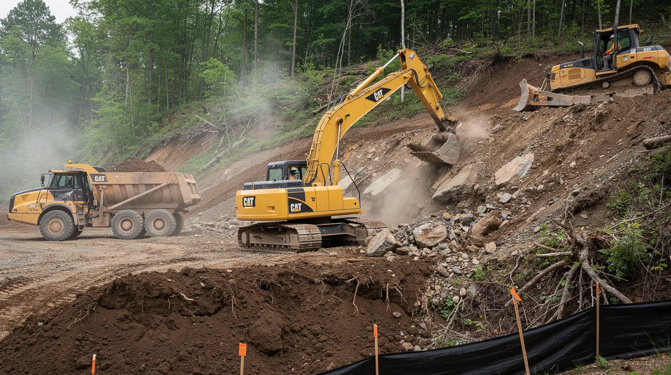 The image depicts heavy excavation equipment working on hilly, wooded terrain, preparing the site for construction. This land prep phase is crucial for custom home projects, influencing both labor and material costs, and ultimately impacting the total cost per square foot for building in Tennessee.