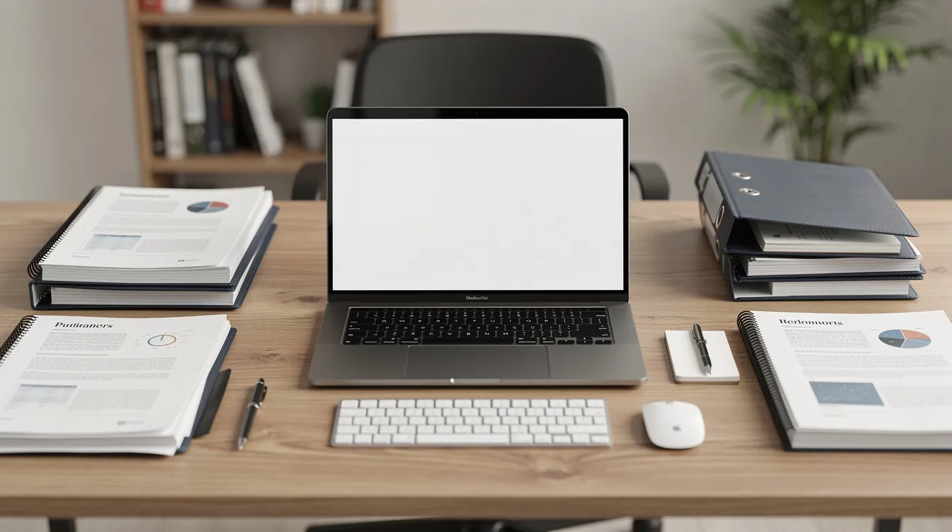 The image depicts an organized desk featuring a laptop alongside neatly arranged professional documents, reflecting a workspace suitable for clinical supervision and professional development in the mental health field. This setup suggests a focus on training and certification processes, essential for counselors and clinical supervisors.