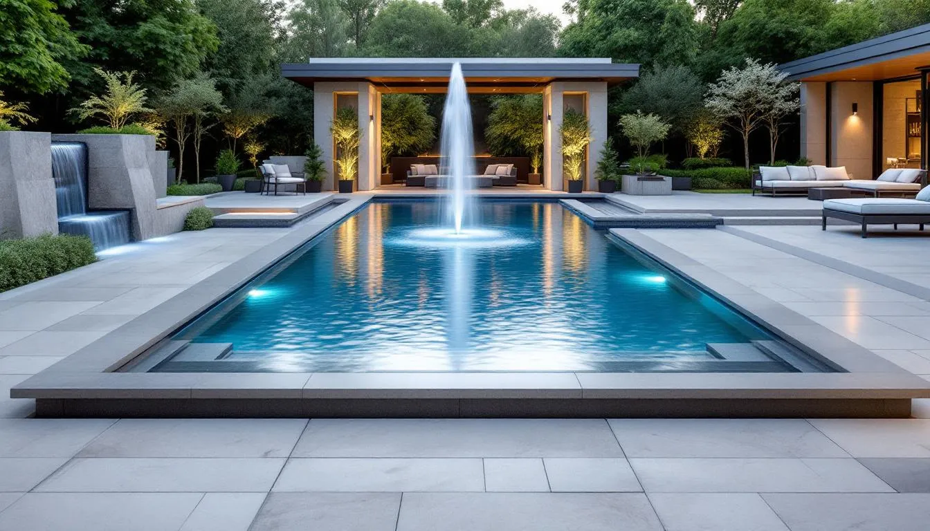 A stunning swimming pool with popular water features, including waterfalls and fountains.