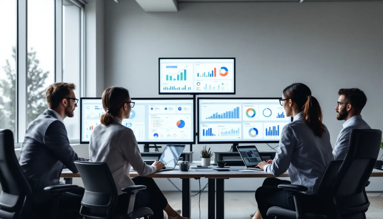 A business team is gathered around a conference table, intently reviewing analytics reports displayed on multiple monitors. They are engaged in a collaborative data science session, utilizing a unified analytics platform to analyze performance metrics and discuss data transformations for effective machine learning tasks.