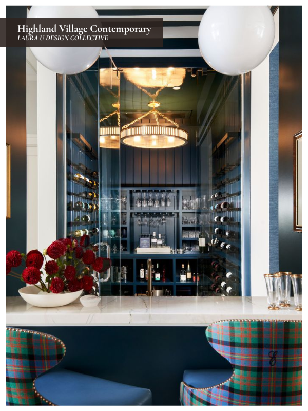 Blue-and-green home bar featuring custom plaid bar stools, blue cabinetry, and dramatic layered lighting.