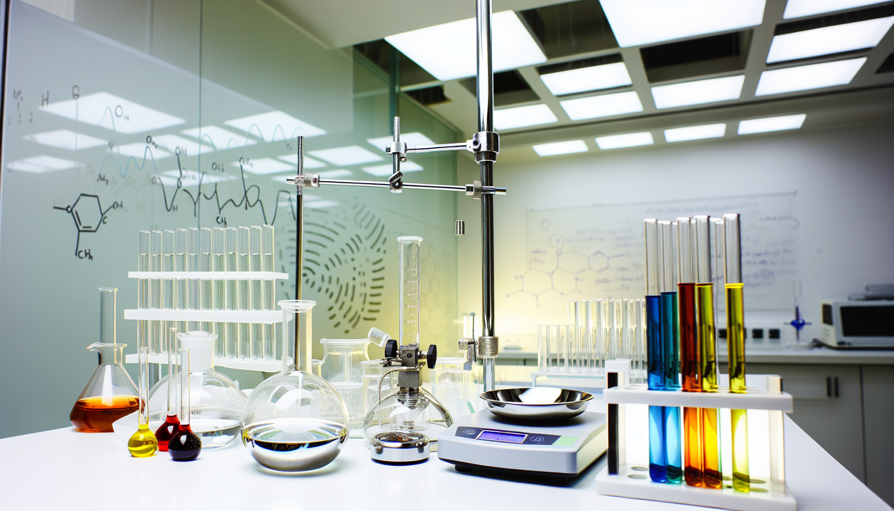 Various chemistry lab equipment including test tubes, Bunsen burners, and analytical balances