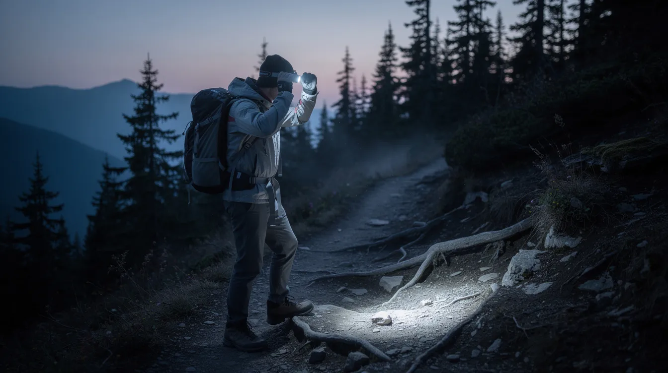 A hiker is adjusting a reliable rechargeable headlamp on a mountain trail at twilight, surrounded by a dense forest backdrop. The headlamp features an adjustable headband and provides a bright beam of light, perfect for navigating the outdoors during low visibility conditions.