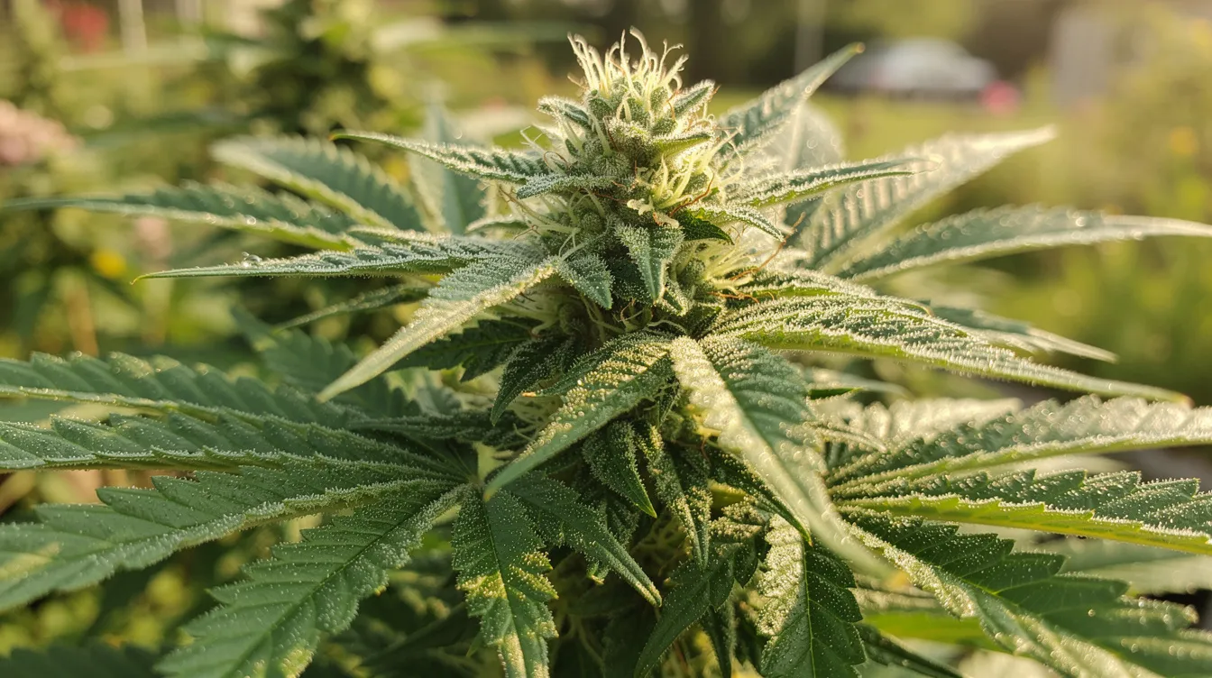 The image features a vibrant green cannabis hemp plant, adorned with glistening trichomes that sparkle in the natural sunlight. This depiction highlights the beauty of hemp-derived THCA products, which are becoming increasingly popular among medical cannabis patients and are legal in Hawaii under certain regulations.