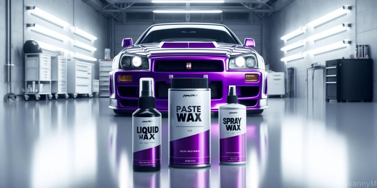 What is car waxing white garage purple car, liquid past and spray wax.