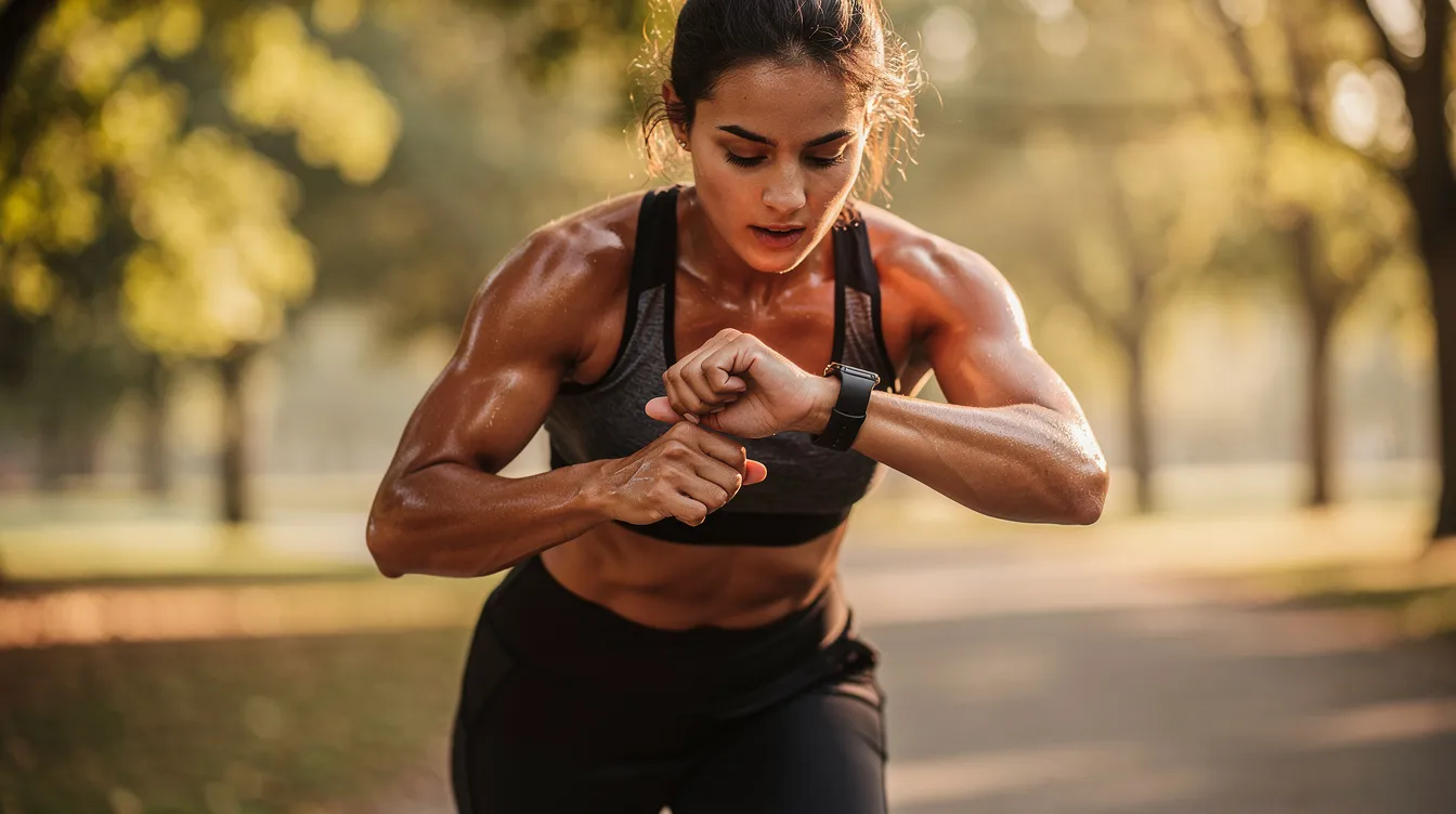 A person is outdoors exercising while checking their fitness tracker, which monitors their energy levels and overall health. This activity supports healthy aging and cellular health by promoting metabolic health and encouraging an active lifestyle.