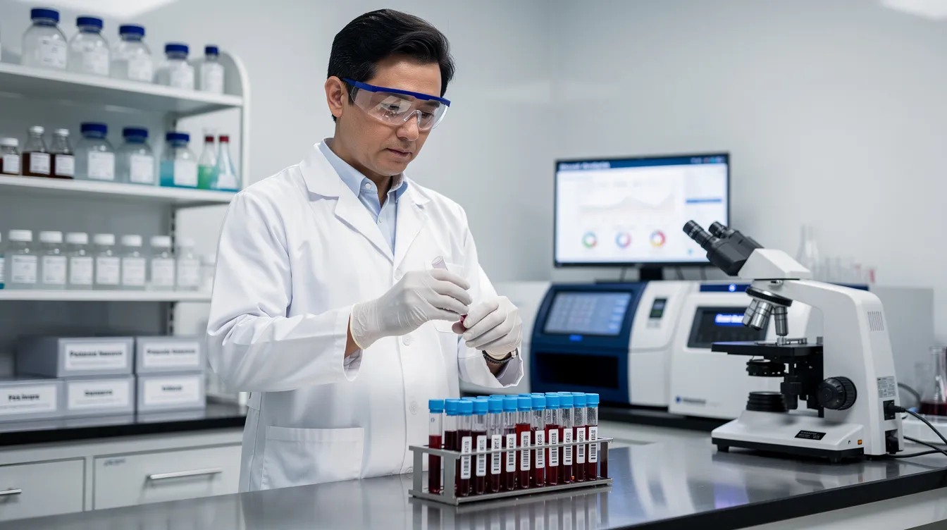 A laboratory technician is closely examining blood samples in a clinical setting, highlighting the importance of cellular mechanisms in aging research. This process can contribute to understanding how to eliminate senescent cells, or &ldquo;zombie cells,&rdquo; which accumulate and can promote chronic inflammation and age-related diseases.
