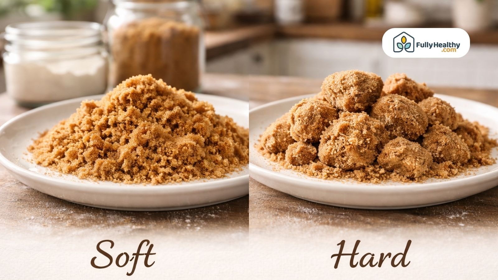 Side-by-side comparison of soft and hard brown sugar on plates