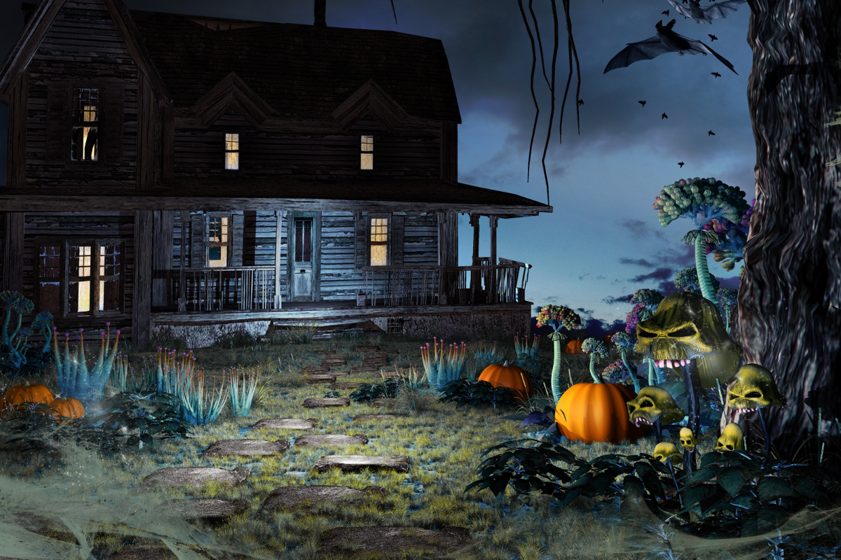 A haunted house-themed porch with spooky decorations and eerie ambiance.