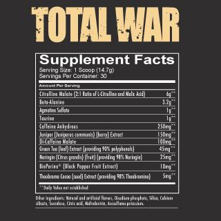 A bottle of Total War Pre-Workout supplement with a label showing the ingredients