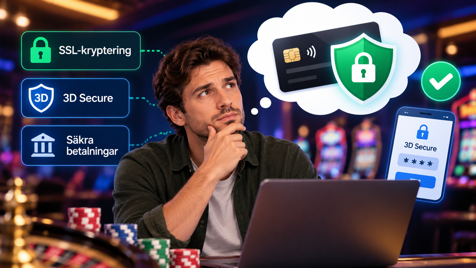 Person som undersöker säkerheten hos casino med kortbetalning, inklusive SSL-kryptering och 3D Secure.