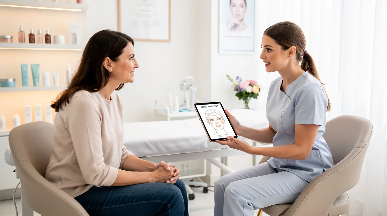 The image depicts a patient consultation in a modern aesthetic clinic, where a plastic surgeon discusses the benefits and risks of the liquid BBL treatment, a non-surgical option that uses injectable dermal fillers to enhance the buttocks with minimal downtime and natural-looking results. The consultation highlights the personalized approach to achieving the patient's aesthetic goals and the potential for a sculpted appearance without invasive surgery.