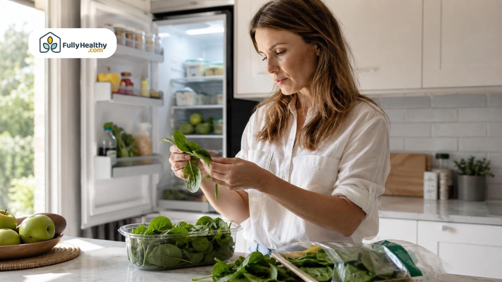 Woman checking fresh spinach leaves for quality beside open refrigerator
