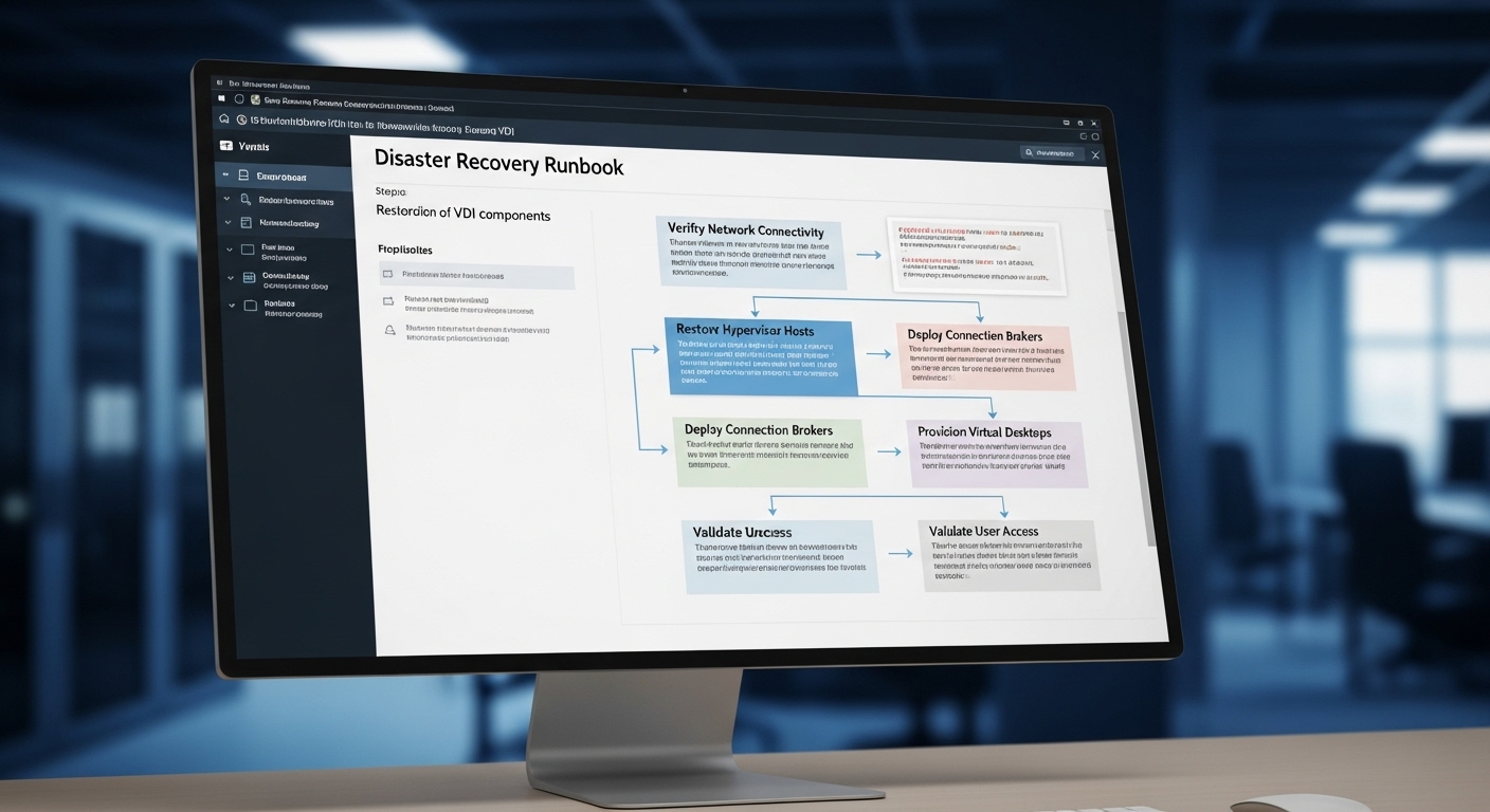 Disaster recovery runbook displayed on screen with step-by-step restoration of VDI components.