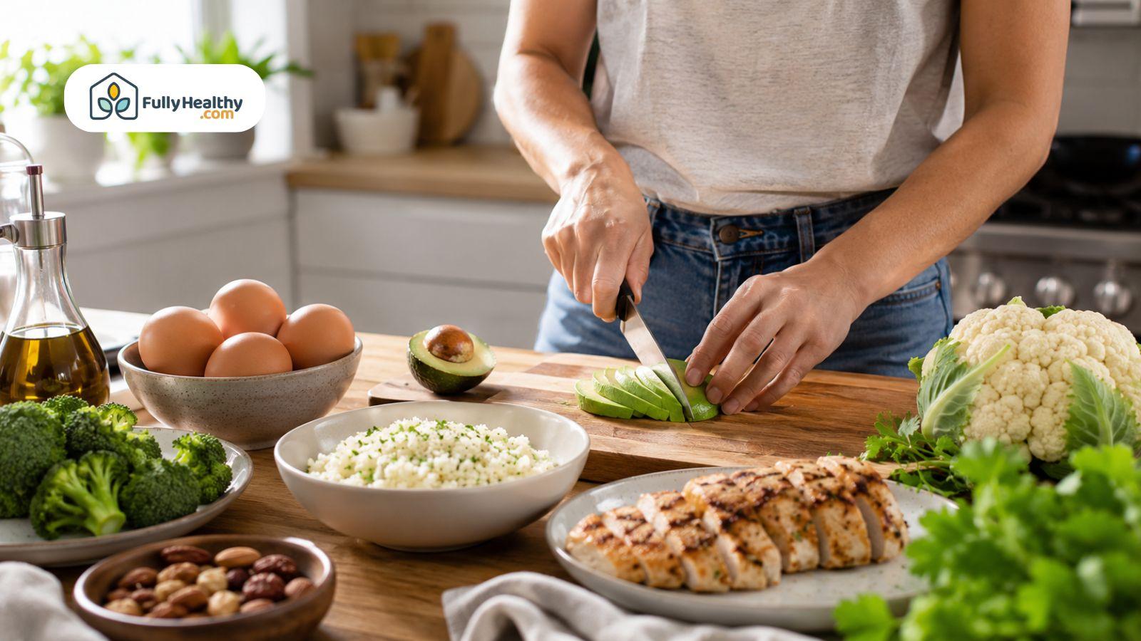 Person preparing a healthy keto meal with avocado, chicken, and cauliflower rice.