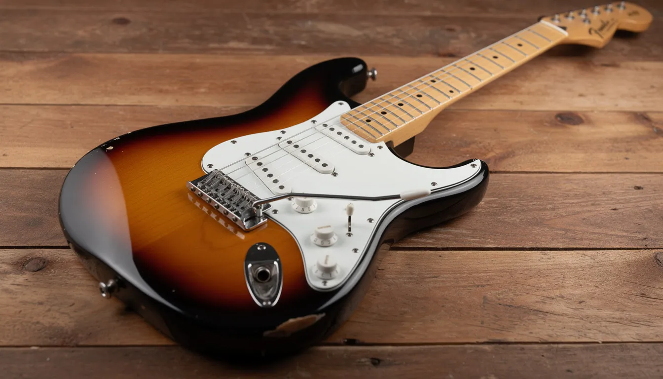 Das Bild zeigt eine klassische E-Gitarre im Stratocaster-Design mit einem ansprechenden Sunburst-Finish, die auf einem rustikalen Holzhintergrund platziert ist. Diese Fender Stratocaster-ähnliche Gitarre ist ideal für Einsteiger und Gitarristen, die Wert auf Klangvielfalt und Qualität legen.