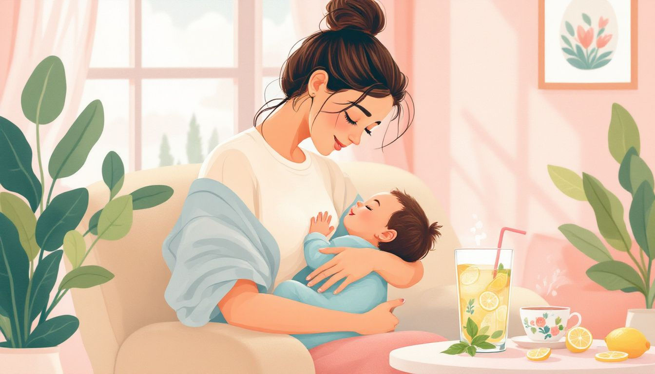 A breastfeeding mother enjoying a non-alcoholic beverage.