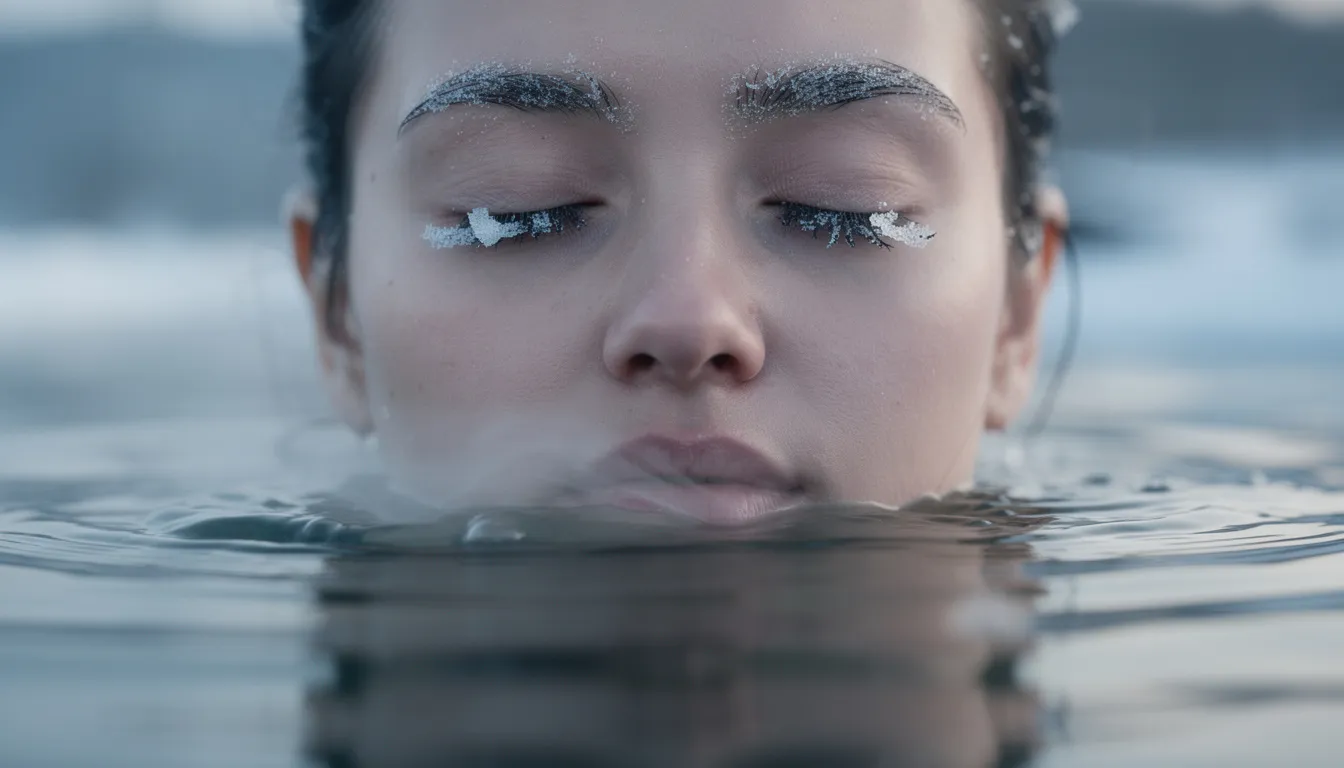 A close-up of a person's serene face reveals a state of focused meditation during breathwork practice in cold water, highlighting the mental health benefits of cold exposure. The peaceful expression suggests a deep connection to the calming effects of cold water immersion, which can enhance recovery and improve sleep quality.