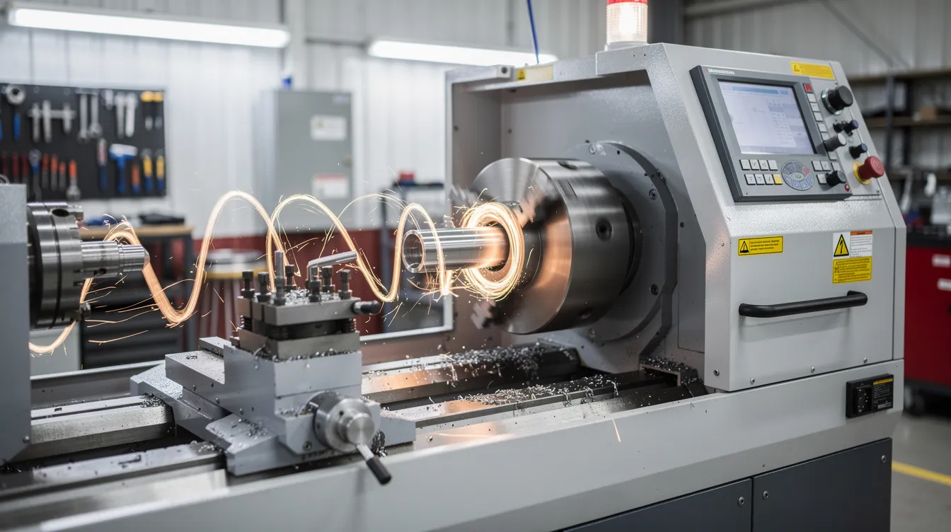 A modern CNC lathe machine is depicted in an industrial workshop, actively engaged in the machining process as metal shavings curl from a spinning workpiece. The image showcases the precision of the CNC turning machine, highlighting its tool turret and the intricate cutting operations involved in producing complex parts.