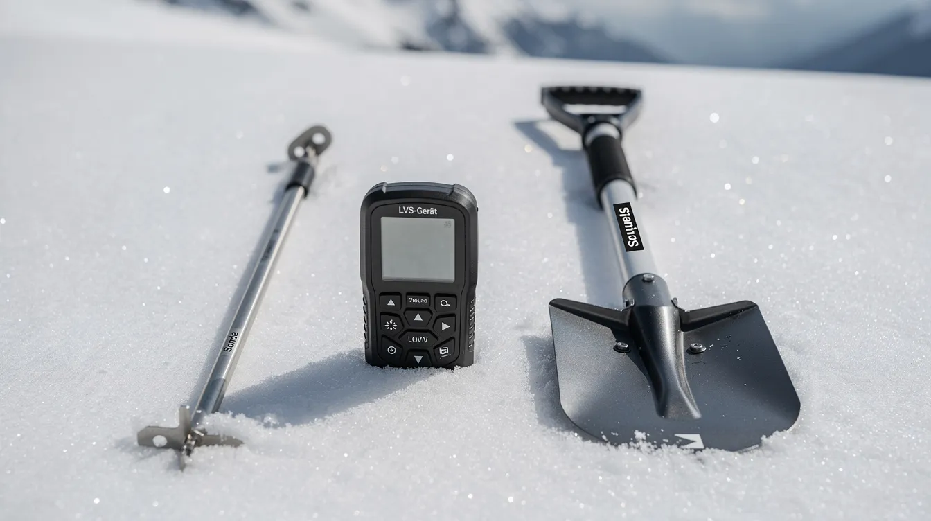 Die Lawinenausrüstung besteht aus einem LVS-Gerät, einer Sonde und einer Schaufel, die im frischen Schnee liegen. Diese essentielle Ausrüstung ist wichtig für Sicherheit und Schutz beim Skifahren im Gebirge während deines Skiurlaubs.