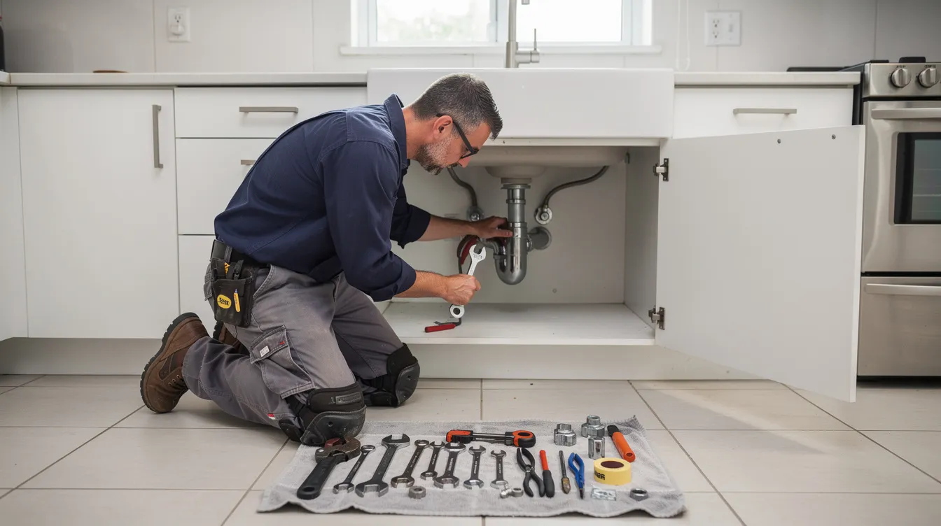 A plumber in work clothes is kneeling beside a kitchen sink, focused on repairing a pipe under the cabinet, with various tools spread out on a towel. This scene highlights the professional's expertise in handling plumbing issues, ensuring reliable repairs for homeowners.