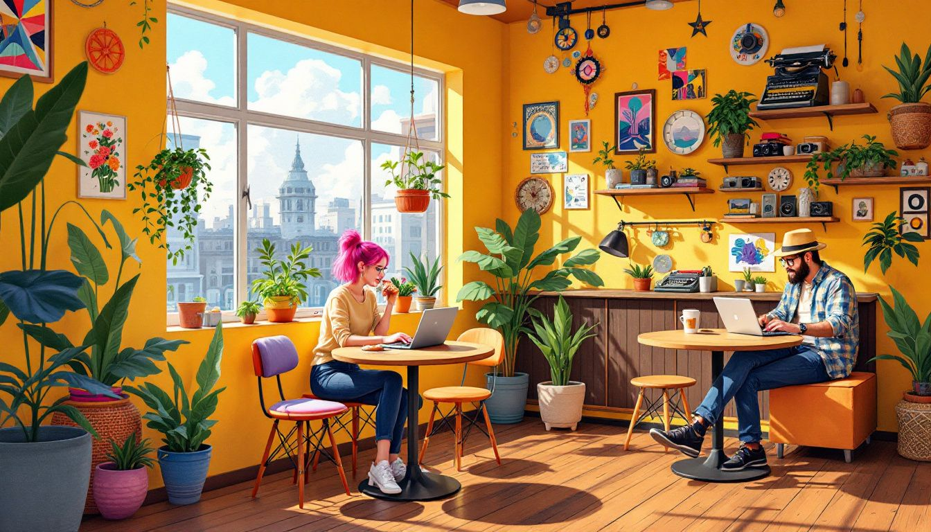 16399a36 c076 4303 ae41 f2911f127c07 A trendy cafe that doubles as a co-working space, with people working on laptops and enjoying coffee.