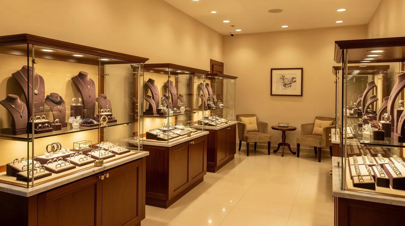 The image depicts a warm and welcoming interior of a fine jewelry boutique, featuring elegant display cases filled with custom jewelry pieces, including rings, necklaces, and bracelets. The inviting atmosphere highlights the craftsmanship and quality of the jewelry, making it a perfect destination for discovering unique gifts for special occasions.
