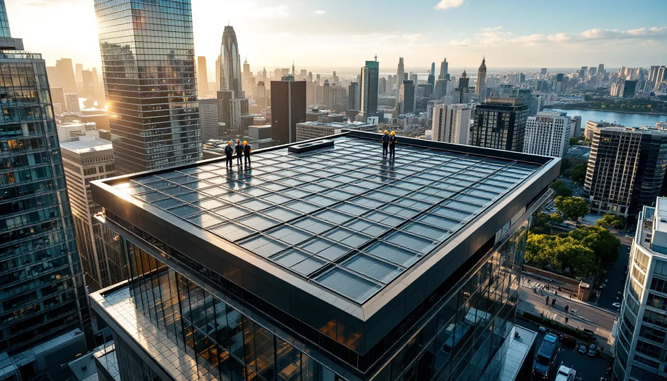 An overview of a modern commercial building showcasing a durable roofing system installed by expert commercial roofers.