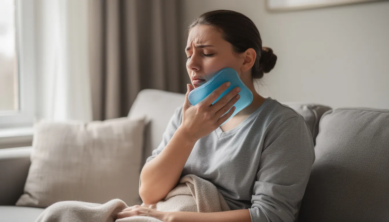 A person is holding an ice pack against their jaw, likely to soothe discomfort following a tooth extraction or wisdom tooth removal. This image reflects the common practice of managing pain after dental procedures, which can include costs associated with surgical extractions and dental insurance coverage.