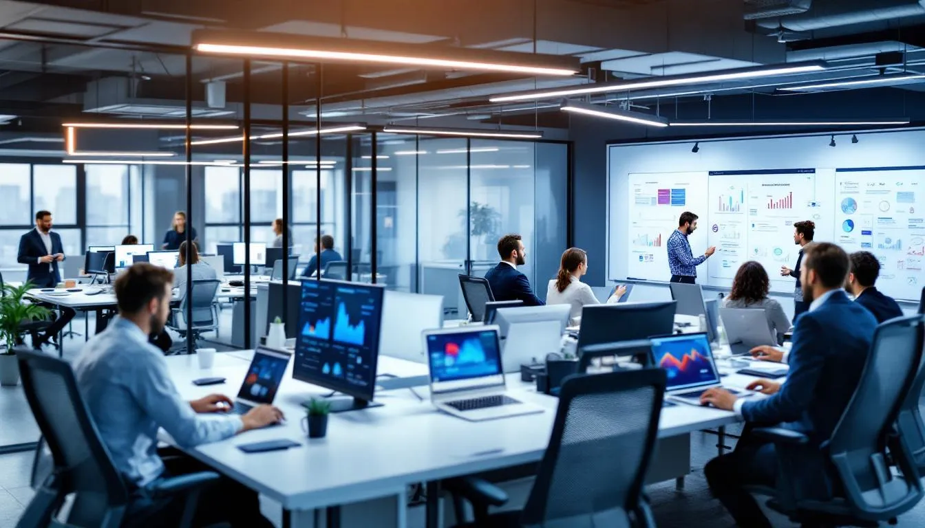 The image showcases a vibrant digital marketing agency workspace, featuring a team collaborating on innovative marketing campaigns to enhance online success for ambitious businesses. Tools and charts related to digital marketing services and strategies, such as search engine optimization and social media marketing, are prominently displayed, emphasizing the company's focus on delivering exceptional results and bespoke solutions for clients.