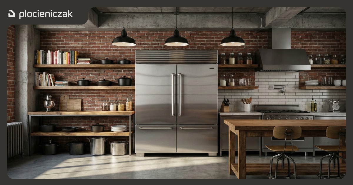 Kuchnia w stylu industrialnym z dużą lodówką wolnostojącą ze stali jako centralnym elementem aranżacji – ceglana ściana i metalowe akcenty